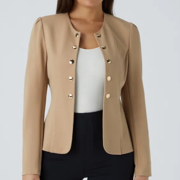 Round Neck Long Sleeve Decorative Button Slim Work Blazer - Picture 7 of 11